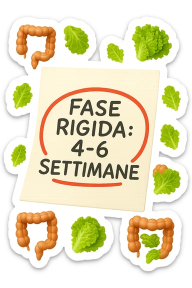 EMOJI STILE IPHONE DI UN foglio di carta fluttua in aria con la scritta "FASE RIGIDA: 4-6 SETTIMANE" CERCHIATA A PENNA IN ROSSO, ATTORNO AL FOGLIO FLUTTUANO PICCOLI TRATTI DI COLON UMANO IN STILE EMOJI E FOGLIE DI INSALATA, REALISTICA 4K sticker