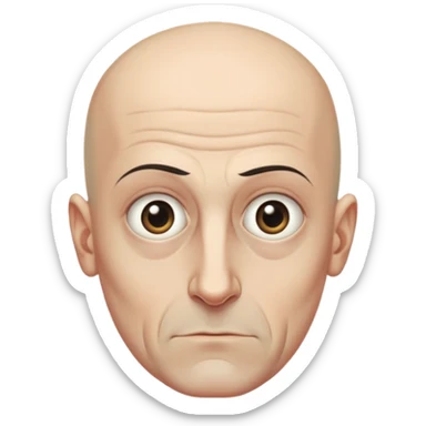 Steven Miller, bald, very grim expression, very narrow rectangular head, pronounced sagging eyelids lower on the outer sides, bottom lip sticking out sticker