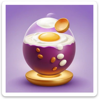 Floating orb of warm light containing mini bright icons: red meat, golden egg, purple beans, translucent tofu block and yogurt glass, slowly rotating around a radiant body figure that radiates strength and balance sticker