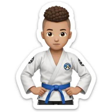 Mixed race boy BJJ instructor with pony tail afro hair and shaved bald sides haircut, Make the hair brown and the belt blue. Add the roger Gracie academy logo on the go also and the p logo of progress jiu jitsu on the right arm sleeve  at the top sticker