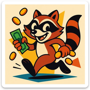 a mischievous animal running away holding coins and bills sticker