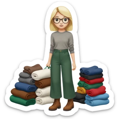 Fille blonde, pantalon ample vert foncé. Lunettes ronde fine. Bottines marrons. Elle pousse une cargaison de chaussettes  sticker