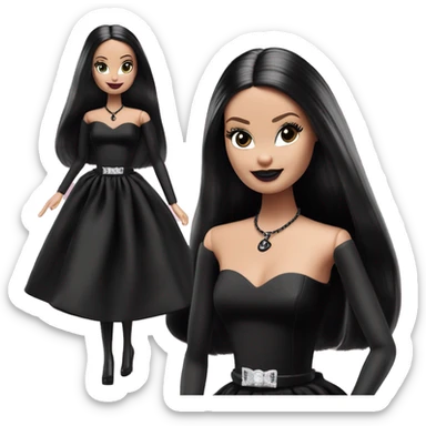  Bunny Wednesday Addams Barbie dancing.  Feminine face. Longer hair, short black flowing strapless tight evening gown with  plunging neckline that’s off-the-shoulders that also shows her legs and black shiny velvet high heel shoes. sticker