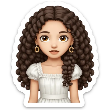 Light skin girl with dark brown very long curly hair, dark brown eyes, white Chanel dress  sticker