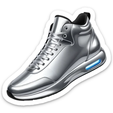A pair of futuristic sneakers emoji made of silver chrome, sleek streetwear design, smooth metallic panels, subtle reflections, luxury swag aesthetic, iOS emoji style, centered, clean white background sticker