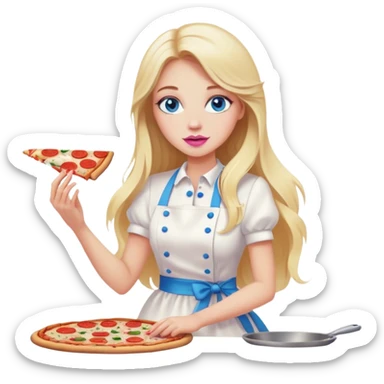 Cinematic realistic beautiful blonde with long hair, blue eyes and pink lips in a white dress cooks pizza sticker
