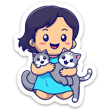 asian girl laughing, holding a grey cat, birthday party sticker