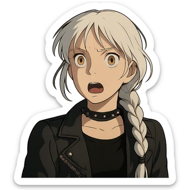 shocked young female with gold yellow eyes, white hair in a long braid, punk gothic style, more dramatic lighting sticker