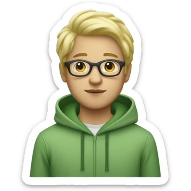 white/tan boy with white glasses and blonde hair and a green sweatshirt with hood up standing straight sticker