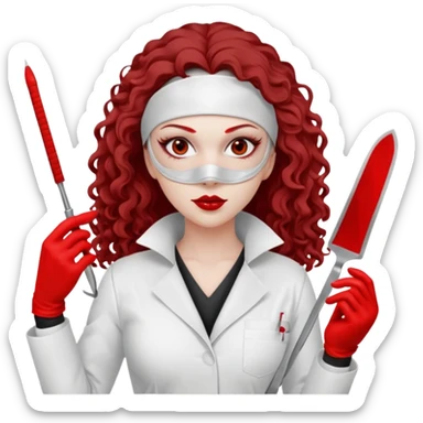 


Scary woman scalpel in hand, evil surgeon sexy surgeon clothes.  She has redcolored  eyes. Her  hair only is free ne brown long curly hair. Wears sexy doctor outfit with red gloves. make her wear full ski mask yo mask and nose mask  to hide. Wears white surgeon coat, wears  stilettos sticker