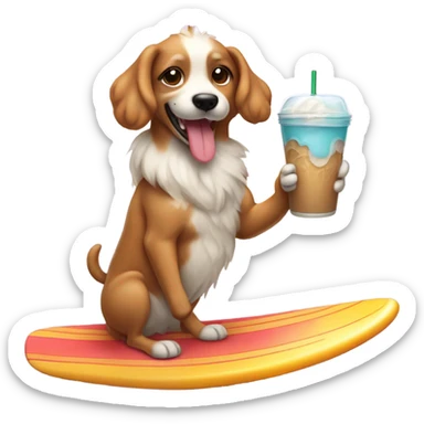 valentines dog on a surfboard holding iced latee sticker