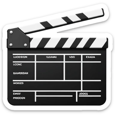 Side view of minimalist clapperboard, black and white with simple geometric shapes, iOS emoji style sticker
