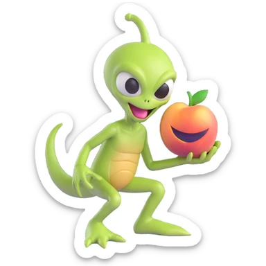 green alien smacking a peach, playful expression sticker
