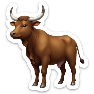 cinematic-[brown bull]-realistic-full-body-standing-emoji,-tail-flicking-lazily,-head-tilted-dramatically,-sleek-[brown]-fur,-simplified-yet-realistic-focused-features,-highly-detailed,-glowing-with-an-almost-sarcastic-glow sticker