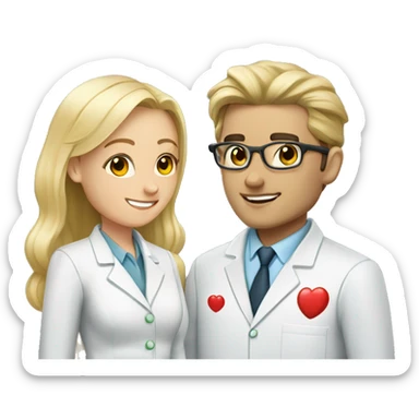 blonde female pharmacist and male chemist with dark hair in love sticker