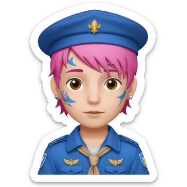scout boy long hair face tatooes pink haired, wearing blue uniform with hat sticker