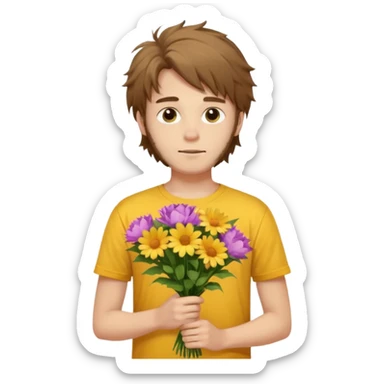 generate an ios genmoji of a 20 year old fair boy with brown long and messy hair with light beard on cheeks. carrying a flower bouquet, wearing a yellow tshirt, looking shy.  sticker