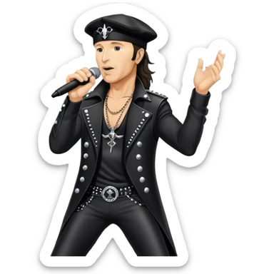 Icon for Rock Music: Klaus Meine with a microphone on the stand performing with Scorpions on stage, with powerful stage presence. The vibe should capture the energetic and iconic sound of Scorpions, with vibrant lighting and a stadium atmosphere. Transparent background. sticker