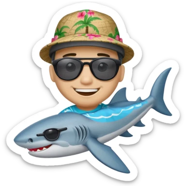 Tiburón playero con camisa hawaiana, lentes negros, y una gorra al revés sticker