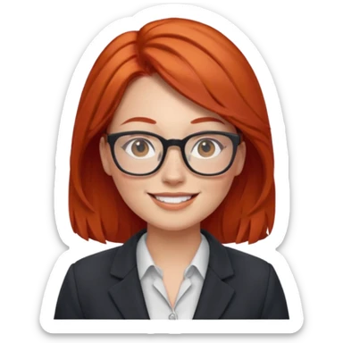 female teacher with red hair, glasses, freckles, plump, smiling sticker