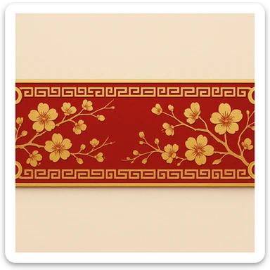 eastern style plaque for post signature, very wide and low long horizontal rectangle, only red and gold colors, decorated with peach blossoms, feng shui vibe, ornate border, no text, 900x180px sticker