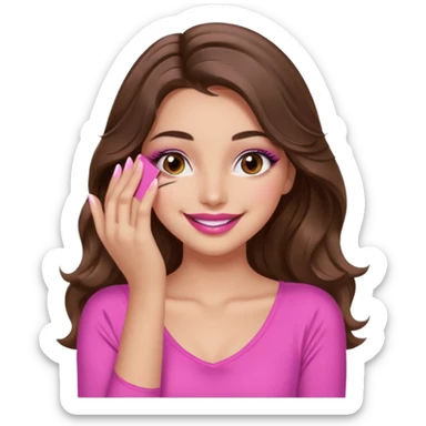 girl with long wavy brown hair, brown eyes, long lashes makeup, sexy pink lips, light to medium complexion, wearing a pink sexy top, smiling, hands covering over the eyes sticker