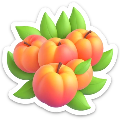 Three realistic peaches with green leaves, arranged together, in 3D iOS emoji style, soft gradients, glossy finish, no background. sticker