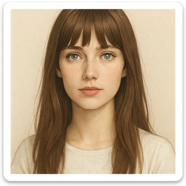 portrait of a white woman with long straight brown hair and bangs, blue-grey eyes, wearing a white top, neutral background, illustration sticker
