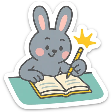 gray bunny writing in notebook with spark of light, pastel-toon style sticker
