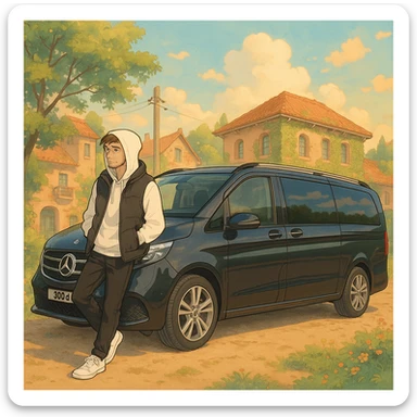 fashionable man with white sneakers, black pants, white hoodie, black vest, hood up, leaning on a black 2024 Mercedes-Benz V-Class Extra Long 300 d, ghibli-inspired style sticker
