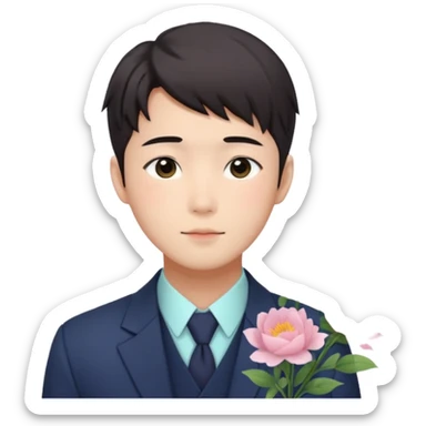 Gorgeous romantic anime style Asian formal modern shojo guy with flowers and blushing face aesthetic trending style cottagecore pastelcore outside  sticker