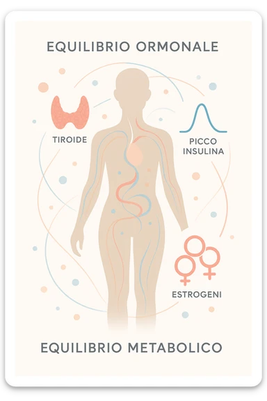 Il corpo è circondato da simboli delicati e bilanciati che rappresentano equilibrio ormonale e metabolico: piccoli cerchi, flussi energetici colorati, simboli stilizzati di tiroide, picco insulina, estrogeni. 4k immagine in italiano sticker