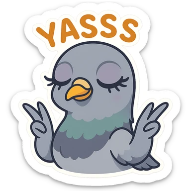 pigeon head with long eyelashes and sassy 'yasss' hands, expressive, fun, cartoon style sticker