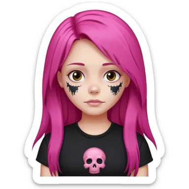 Girl with dark pink long hair wearing a black tshirt  with pink skull print sticker