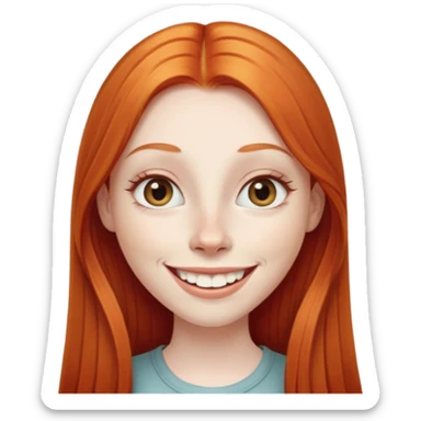traditional emoji of young girl with very pale skin, long straight bright ginger red hair, elongated almond-shaped eyes, long nose, big smile with large prominent teeth showing, classic round face sticker