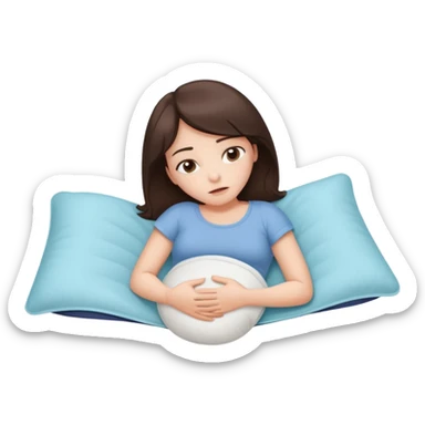 a brunette girl lying down on her side, holding a warm heating pad against her lower belly. She's uncomfortable and sad, her posture should show she’s having menstrual cramps. Use simple lines, rounded shapes, soft colors, and a clean emoji aesthetic. Make it expressive but still adorable sticker