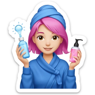 A girl grabbing a pink hair serum with a white shower towel in her hair with skincare on her face dressed in a blue sweater sticker