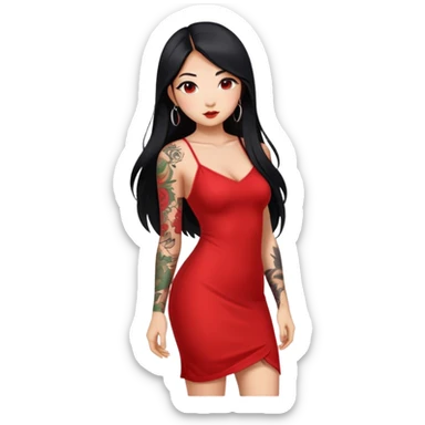 Beautiful Asian girl with long black hair and body tattoos wearing a red dress sticker