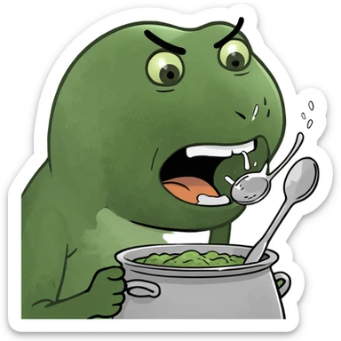playful brainrot style emoji of a person banging a pot with a spoon, shouting 'tung tung tung sahur', exaggerated silly facial expression, energetic chaotic vibe sticker