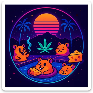 circular Discord server icon, centered composition of a hamster cult weed and cheese pool party at night, synthwave 80s style, glowing lines, retro sun, spacey atmosphere sticker