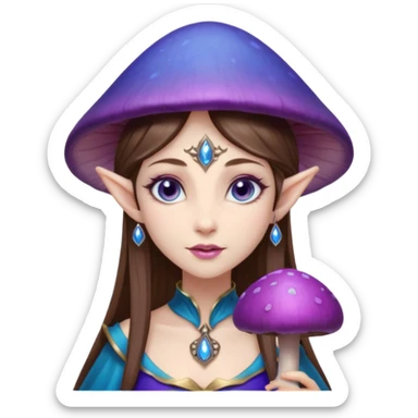 Hyper realistic purple mushroom top elf mage fairy queen pale skin brown hair and blue-eyes sticker