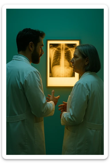 Realistic, detailed photo taken from behind of two doctors—a bearded man and a middle-aged woman—standing and facing each other as they discuss a diagnosis in front of a medical chart. The scene is illuminated by a yellowish, orange, warm light that softly envelops the doctors. The entire room is bathed in a single green-blue color, creating a cohesive and modern atmosphere. Both doctors wear white coats, and their body language suggests a serious, professional conversation. Shot with a Canon EOS R5, with high detail and natural depth of field. sticker