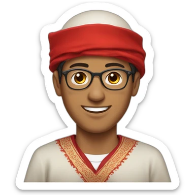 Creating an image of a Moroccan young man wearing glasses, traditional Moroccan attire (djellaba), and a red Moroccan fez on his head. sticker