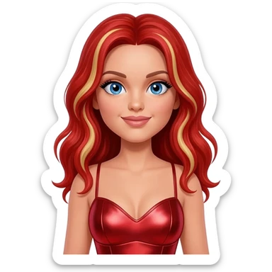 Baby Spice from Spice Girls with blue eyes, long red hair with blonde highlights, red metallic sweetheart dress sticker