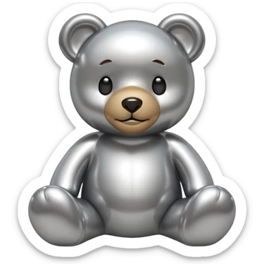 A cute teddy bear emoji made of liquid silver chrome, smooth rounded body, glossy metallic surface, soft reflections, friendly proportions, iOS emoji style, centered, clean white background sticker