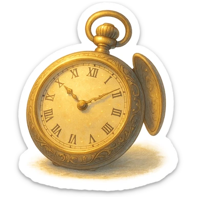 golden pocket watch with delicate engravings, dreamy lighting, nostalgic and magical, no background sticker
