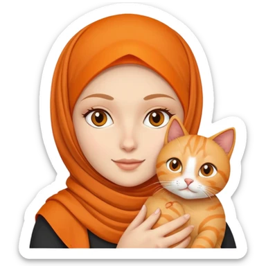 White girl wearing hijab holding orange cat sticker
