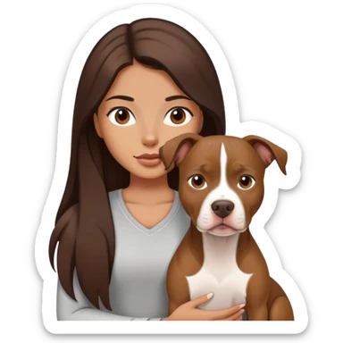 girl with dark brown long hair with her pitbull dog brown and white sticker