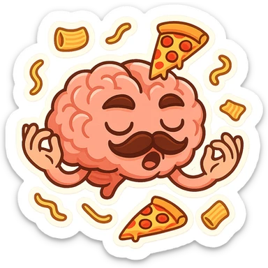 brain with mustache and expressive hands passionately gesturing as if speaking Italian with floating pasta and pizza slices around, vibrant meme-inspired style sticker