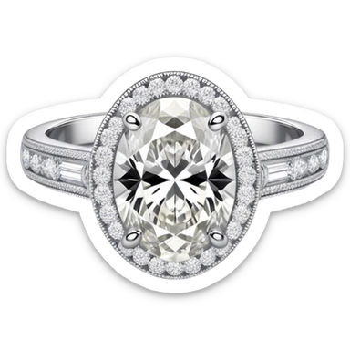 platinum oval diamond engagement ring with white diamond halo and white diamond band sticker